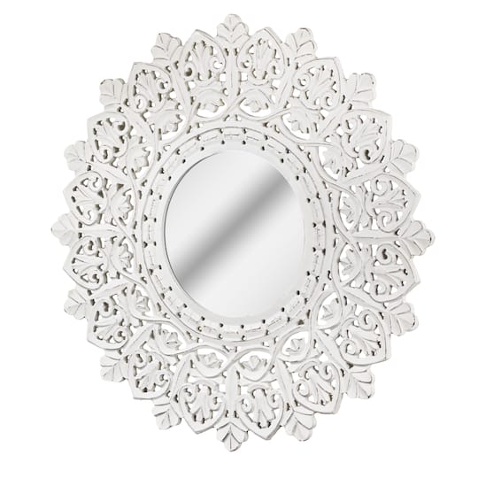 American Art D&#xE9;cor&#x2122; 31&#x22; White Hand-Carved Wood Medallion Sunburst Accent Mirror